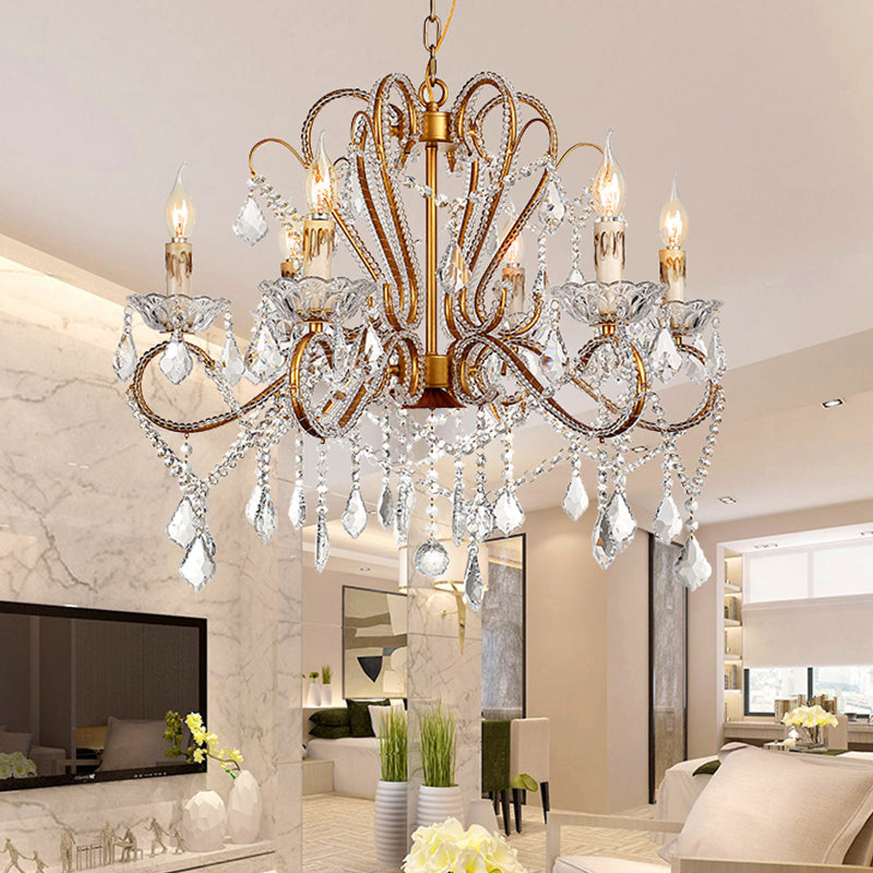 Rural Style Brass Crystal Chandelier - 6/8 Lights Curving Design For Living Room