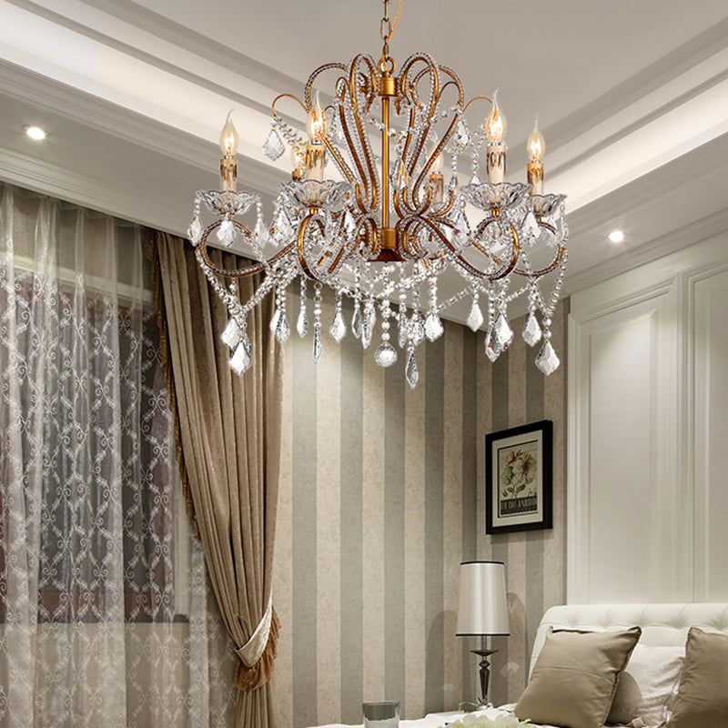 Rural Style Brass Crystal Chandelier - 6/8 Lights Curving Design For Living Room