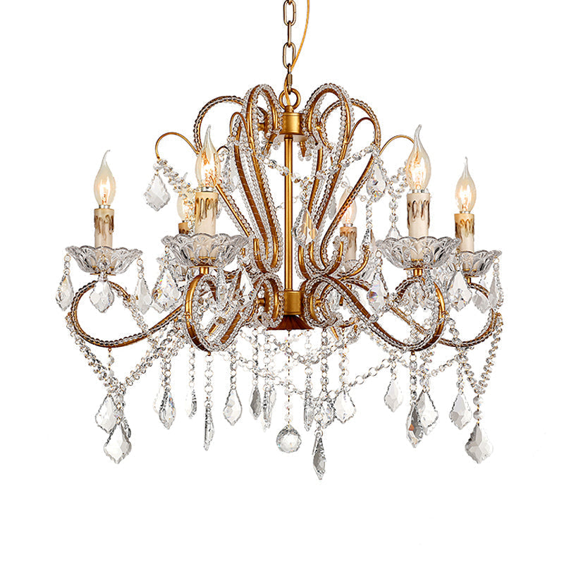 Rural Style Brass Crystal Chandelier - 6/8 Lights Curving Design For Living Room