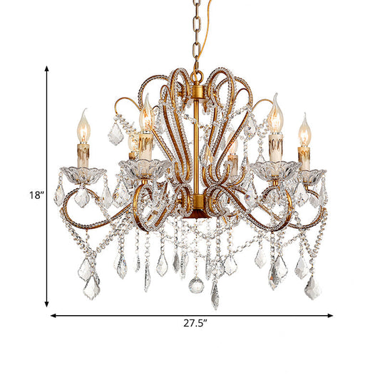 Rural Style Brass Crystal Chandelier - 6/8 Lights Curving Design For Living Room