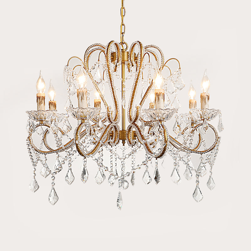 Rural Style Brass Crystal Chandelier - 6/8 Lights Curving Design For Living Room