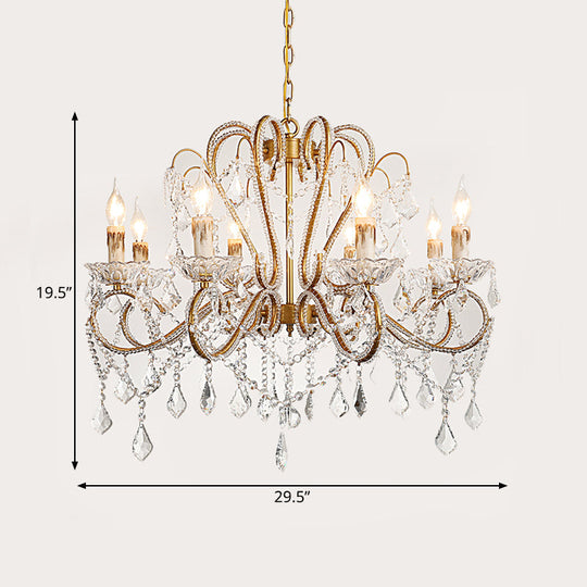 Rural Style Brass Crystal Chandelier - 6/8 Lights Curving Design For Living Room