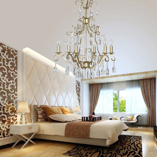 Gold Crystal Pendant Chandelier With 6 Lights For Bedroom - Lodge Style Curvy Arm Design