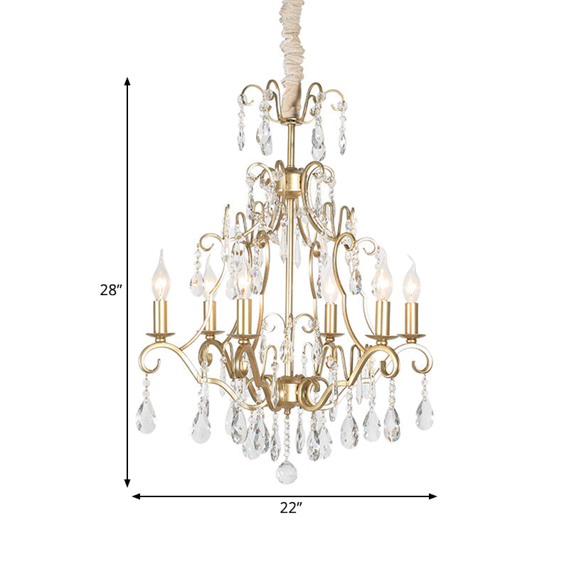 Gold Crystal Pendant Chandelier With 6 Lights For Bedroom - Lodge Style Curvy Arm Design