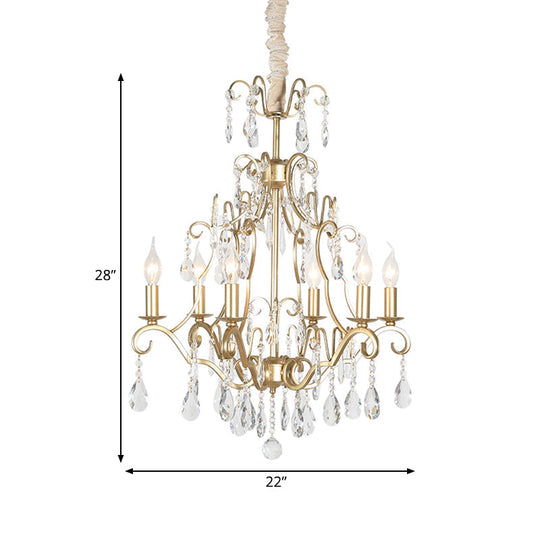 Gold Crystal Pendant Chandelier With 6 Lights For Bedroom - Lodge Style Curvy Arm Design