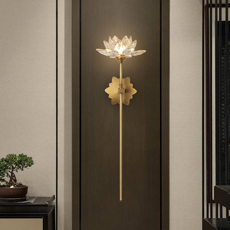 Lotus Wall Sconce In Traditional Gold With Clear Crystal Led Light - Ideal For Bedroom 16/23.5 H