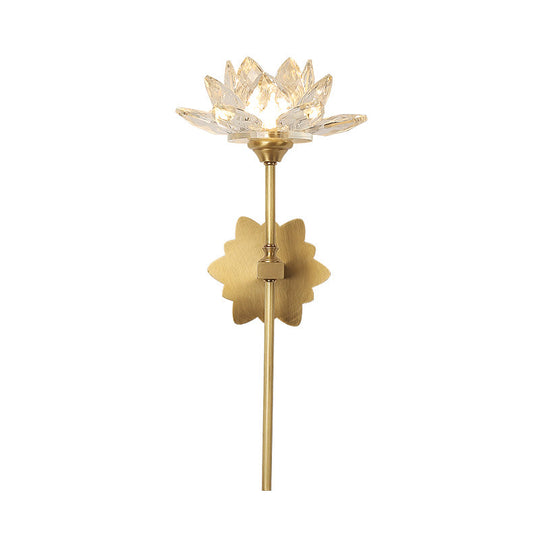 Lotus Wall Sconce In Traditional Gold With Clear Crystal Led Light - Ideal For Bedroom 16/23.5 H