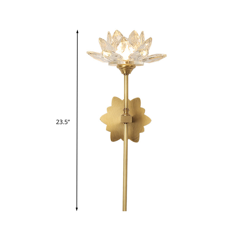 Lotus Wall Sconce In Traditional Gold With Clear Crystal Led Light - Ideal For Bedroom 16/23.5 H