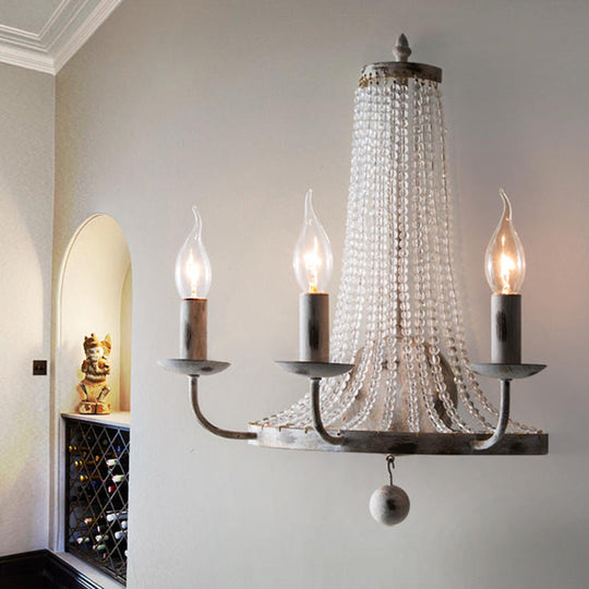 Traditional Crystal Bead Wall Lamp With 2/3 Bulbs - Nickel Candlestick Design