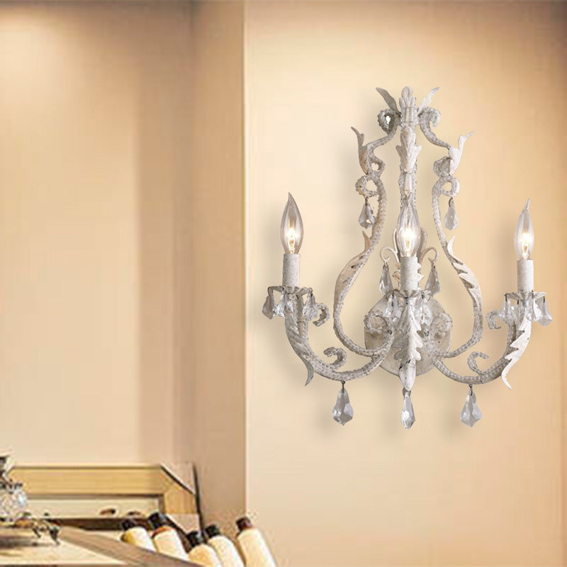 Classic 3-Head Crystal Wall Sconce In Grey/Ivory - Traditional Candlestick Mount Lamp