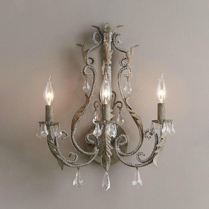 Classic 3-Head Crystal Wall Sconce In Grey/Ivory - Traditional Candlestick Mount Lamp Grey