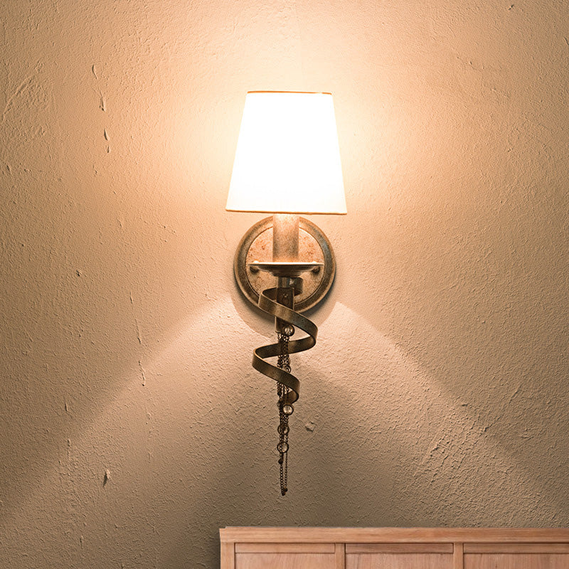 Tapered Bedroom Wall Mount Light: Traditional Fabric 1-Head Lighting Fixture With Crystal Draping In