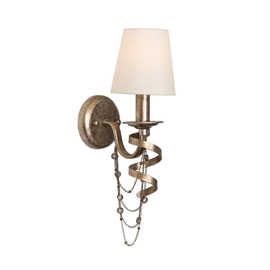 Tapered Bedroom Wall Mount Light: Traditional Fabric 1-Head Lighting Fixture With Crystal Draping In