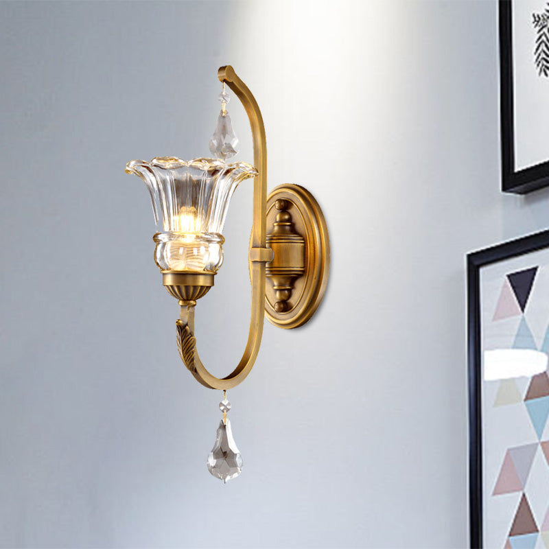 Traditional Gold Floral Glass Sconce With Crystal Accent - Elegant Wall Mounted Light For Living