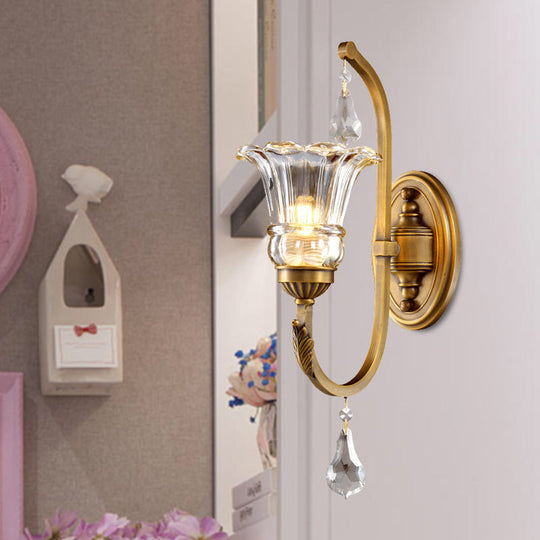 Traditional Gold Floral Glass Sconce With Crystal Accent - Elegant Wall Mounted Light For Living