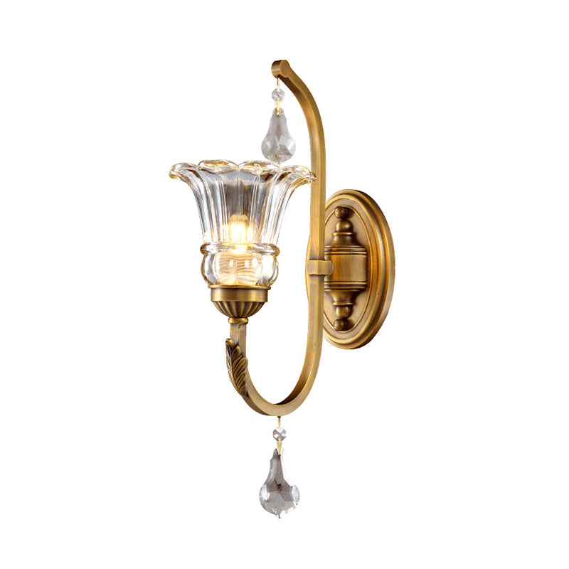 Traditional Gold Floral Glass Sconce With Crystal Accent - Elegant Wall Mounted Light For Living