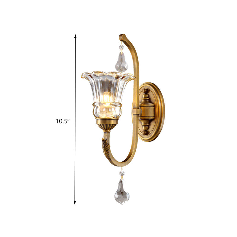 Traditional Gold Floral Glass Sconce With Crystal Accent - Elegant Wall Mounted Light For Living