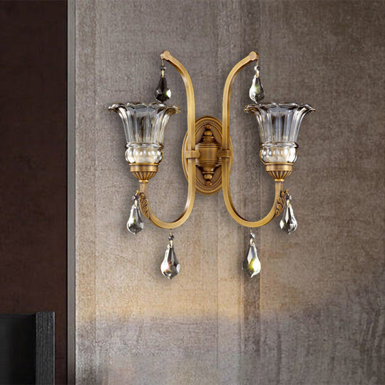 Traditional Gold Floral Glass Sconce With Crystal Accent - Elegant Wall Mounted Light For Living