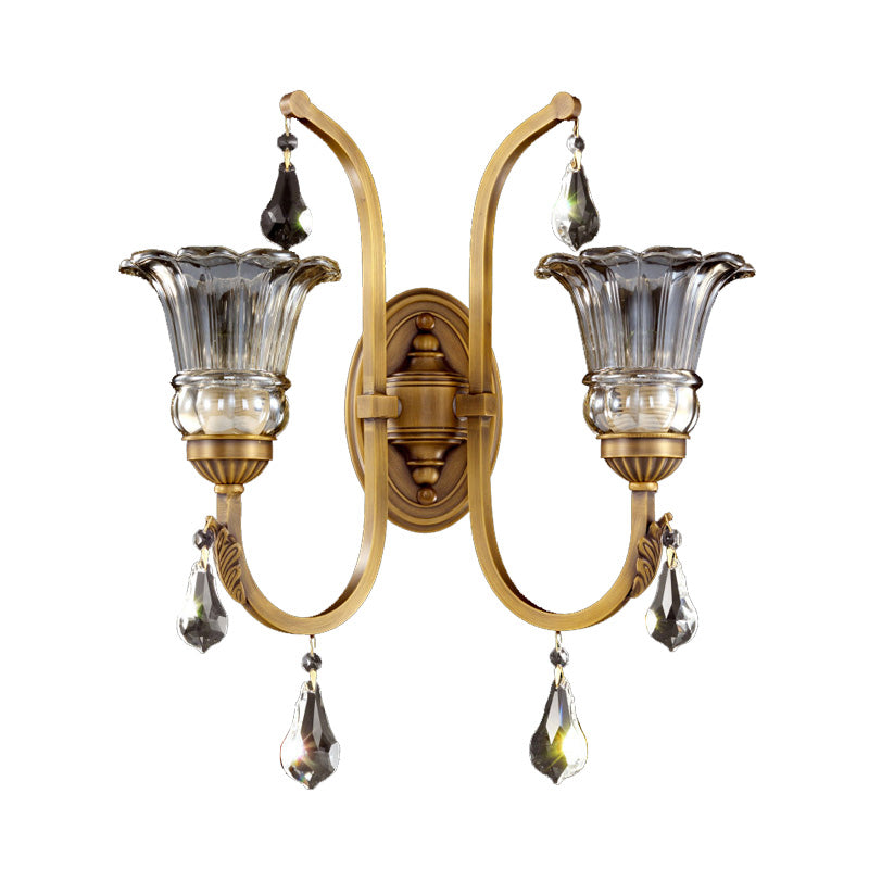 Traditional Gold Floral Glass Sconce With Crystal Accent - Elegant Wall Mounted Light For Living