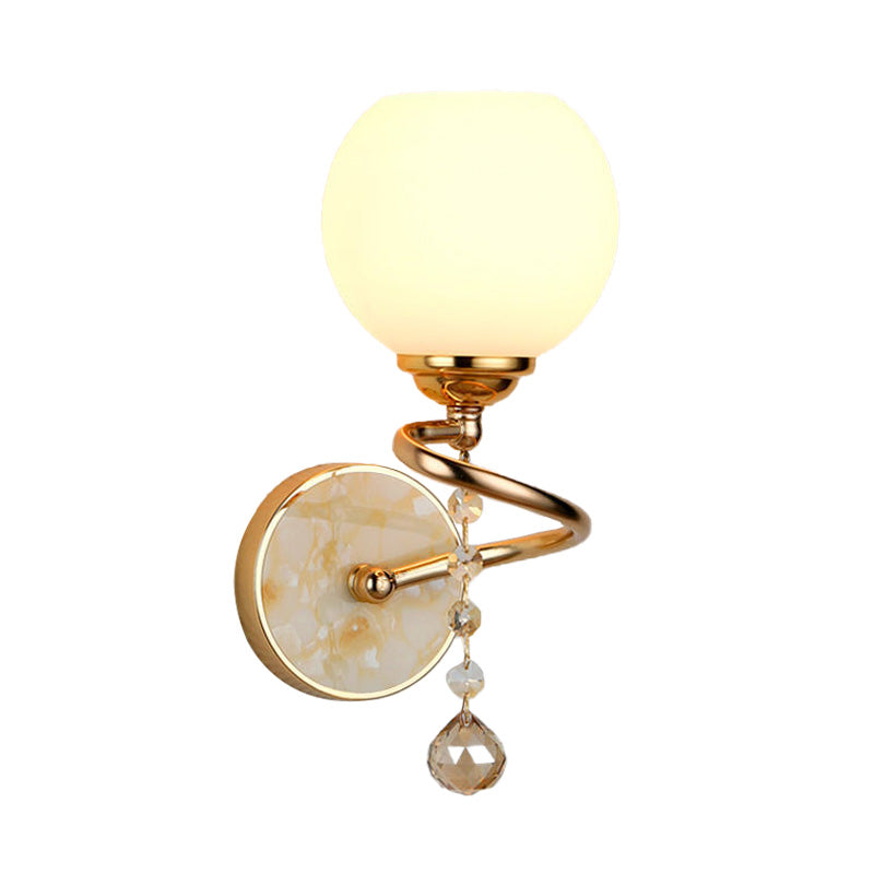 Traditional Frosted Glass Dome Sconce Light With Crystal Ball And Gold/Chrome Wall Mount