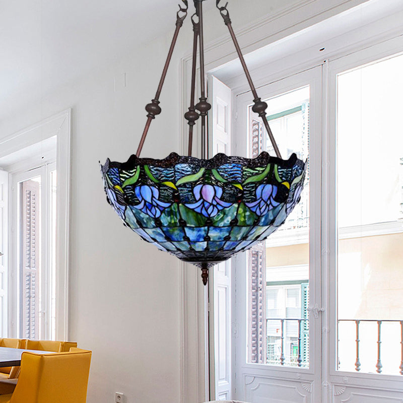 Hand-Cut Glass Pendant Flower Chandelier Light Fixture - Mediterranean Style, 2 Lights, Red/Blue