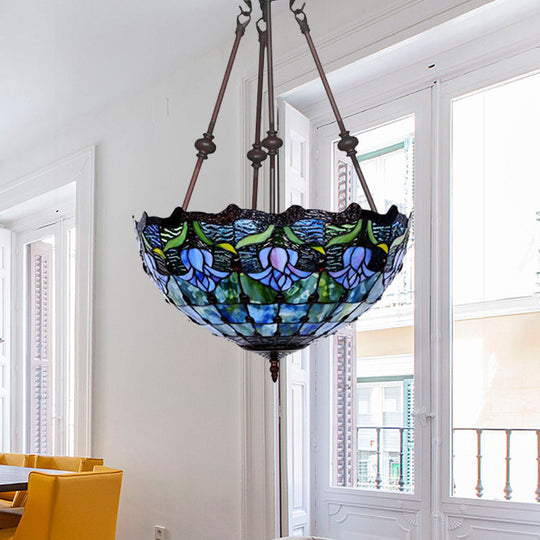 Hand-Cut Glass Pendant Flower Chandelier Light Fixture - Mediterranean Style, 2 Lights, Red/Blue