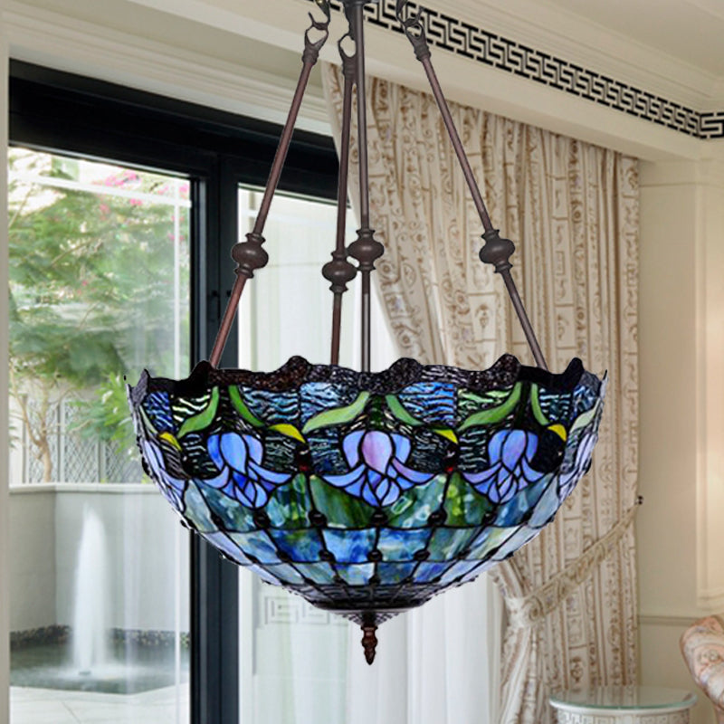 Hand-Cut Glass Pendant Flower Chandelier Light Fixture - Mediterranean Style, 2 Lights, Red/Blue