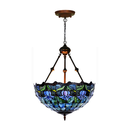 Hand-Cut Glass Pendant Flower Chandelier Light Fixture - Mediterranean Style, 2 Lights, Red/Blue