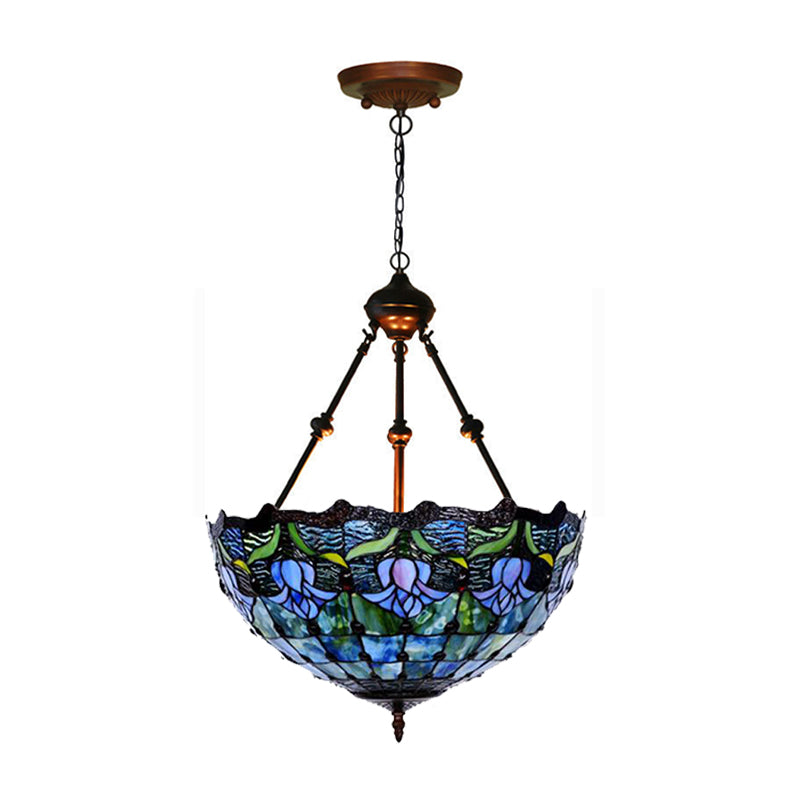 Mediterranean 2-Light Hand-Cut Glass Pendant Chandelier - Red/Blue Floral Design