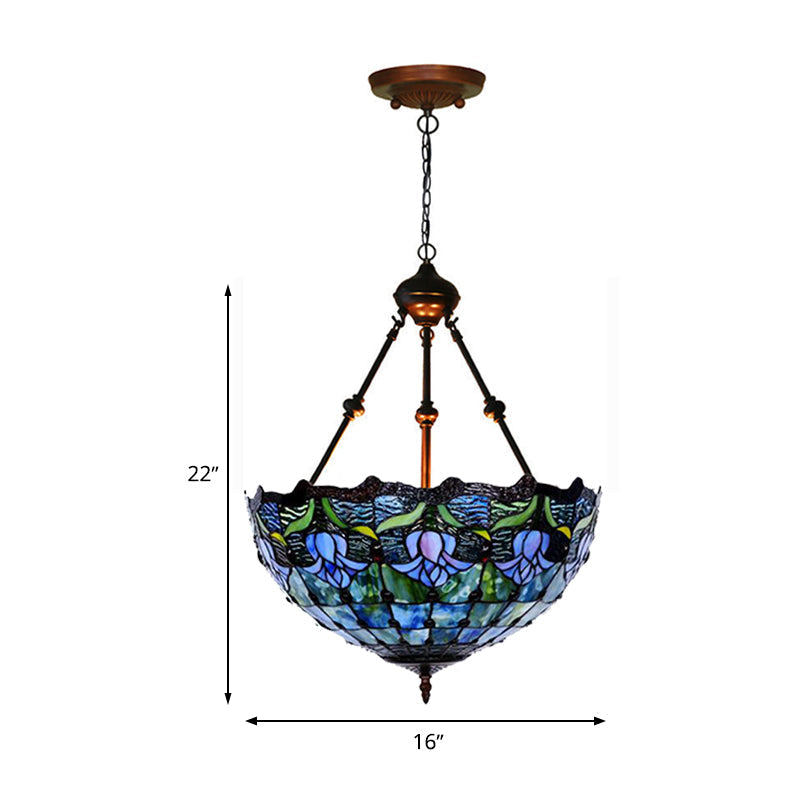 Hand-Cut Glass Pendant Flower Chandelier Light Fixture - Mediterranean Style, 2 Lights, Red/Blue