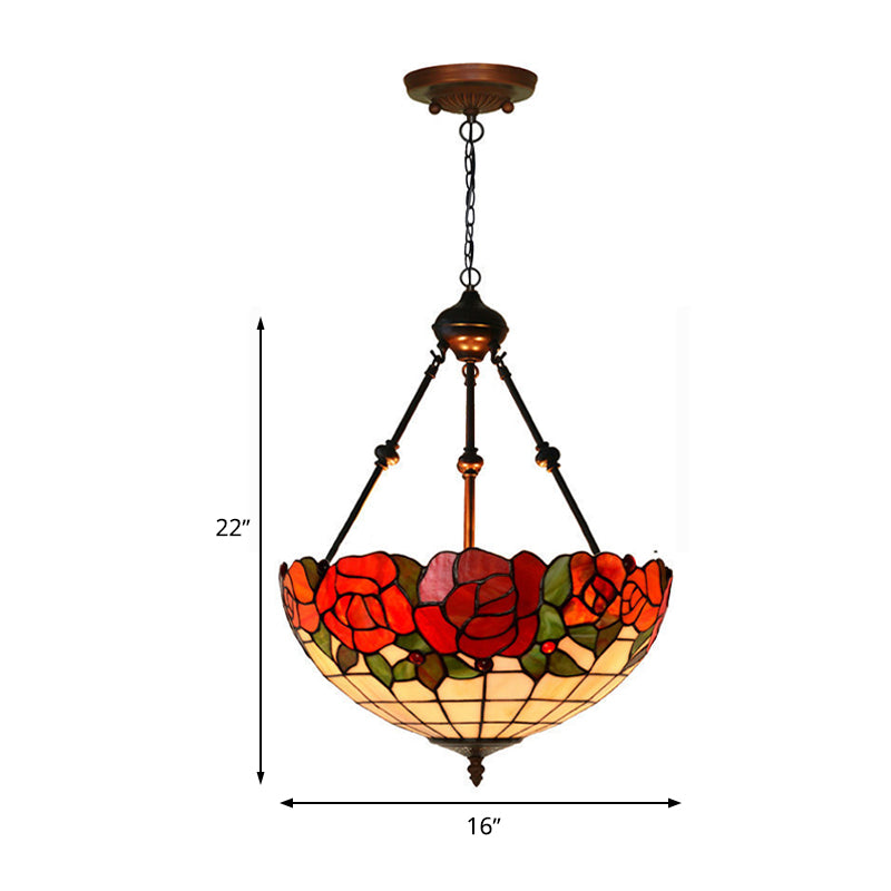 Hand-Cut Glass Pendant Flower Chandelier Light Fixture - Mediterranean Style, 2 Lights, Red/Blue