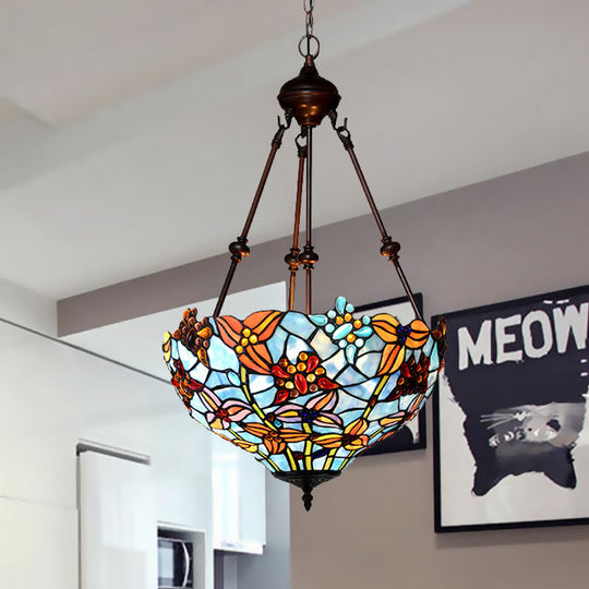 Tiffany Style 2-Light Blossom Chandelier Lamp - Red/Blue Stained Glass Suspension Lighting For