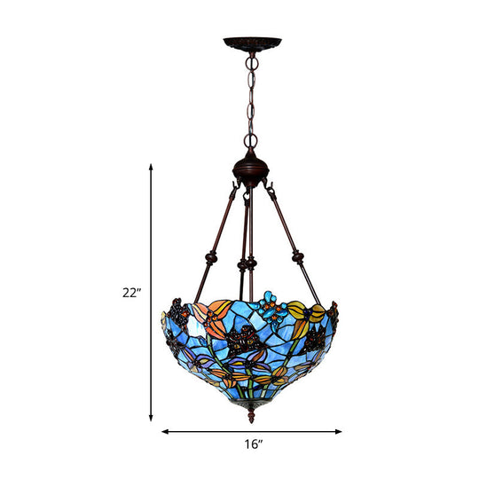 Tiffany Style 2-Light Blossom Chandelier Lamp - Red/Blue Stained Glass Suspension Lighting For