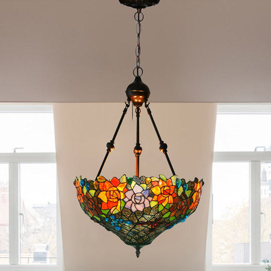 Mediterranean Art Glass Chandelier Pendant Light With Stained Flower Design - Red/Orange/Green Green