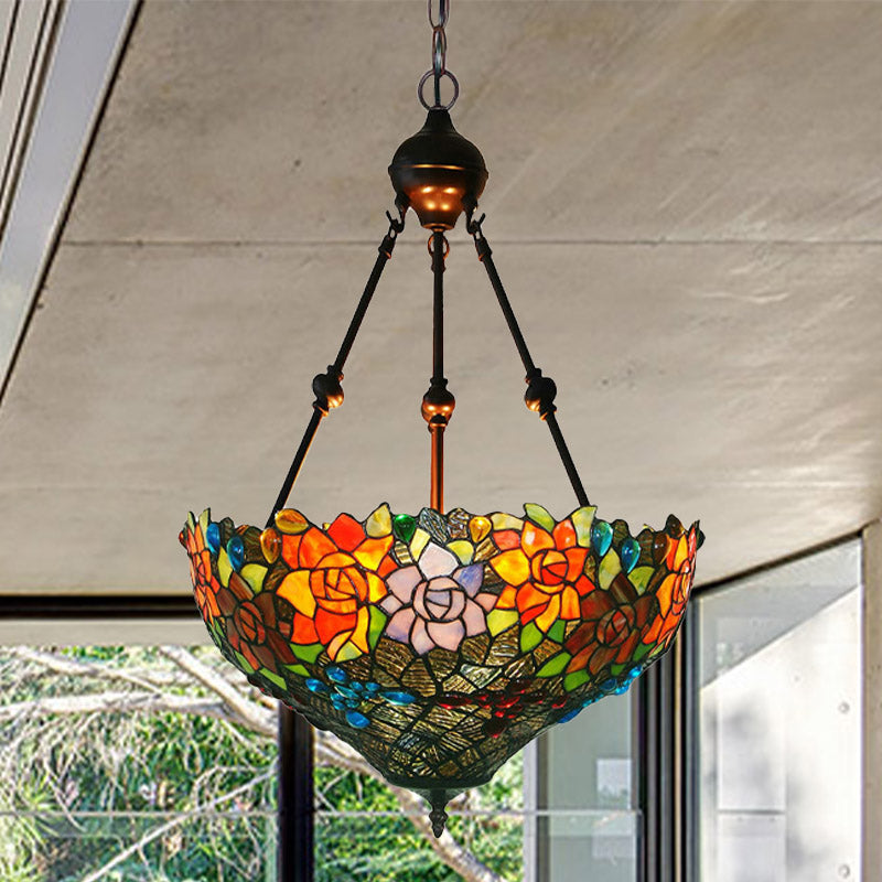 Mediterranean Art Glass Chandelier Pendant Light With Stained Flower Design - Red/Orange/Green