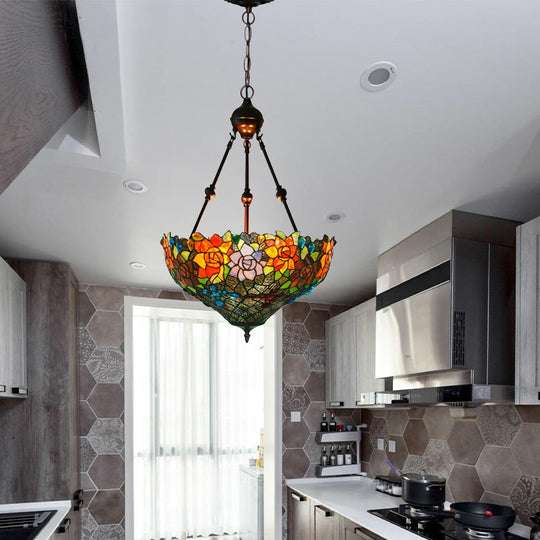 Mediterranean Floral Stained Art Glass Chandelier Pendant Light with 3 Hanging Lamps in Red/Orange/Green