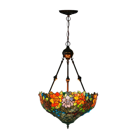 Mediterranean Floral Stained Art Glass Chandelier Pendant Light with 3 Hanging Lamps in Red/Orange/Green