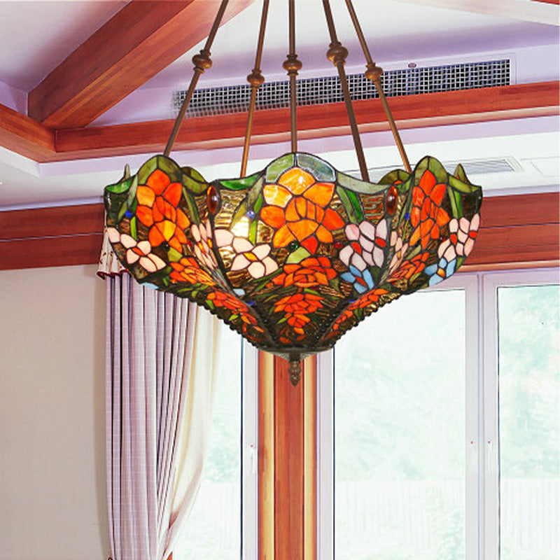 Mediterranean Art Glass Chandelier Pendant Light With Stained Flower Design - Red/Orange/Green