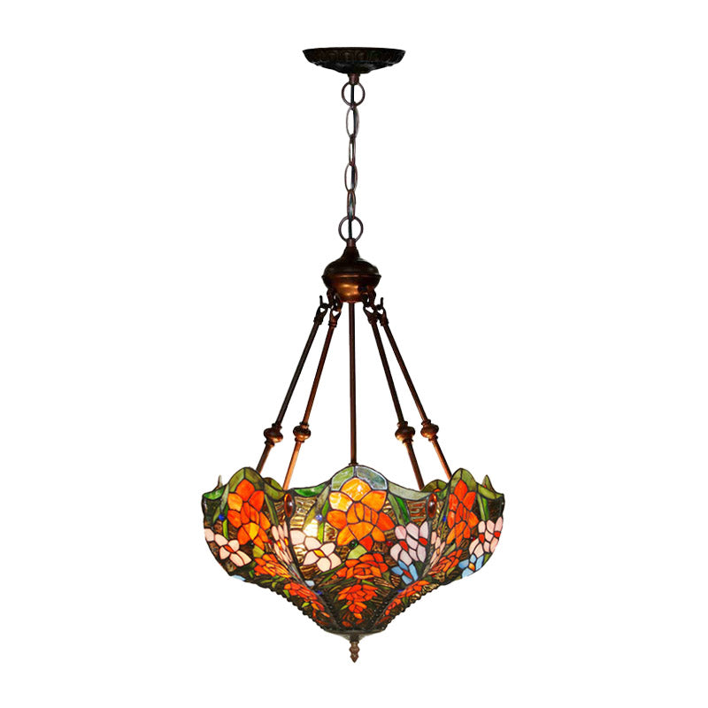 Mediterranean Floral Stained Art Glass Chandelier Pendant Light with 3 Hanging Lamps in Red/Orange/Green