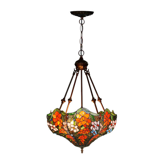 Mediterranean Floral Stained Art Glass Chandelier Pendant Light with 3 Hanging Lamps in Red/Orange/Green