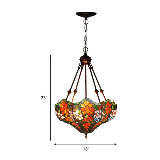 Mediterranean Floral Stained Art Glass Chandelier Pendant Light with 3 Hanging Lamps in Red/Orange/Green