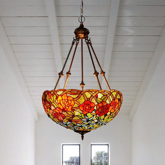 Mediterranean Floral Stained Art Glass Chandelier Pendant Light with 3 Hanging Lamps in Red/Orange/Green