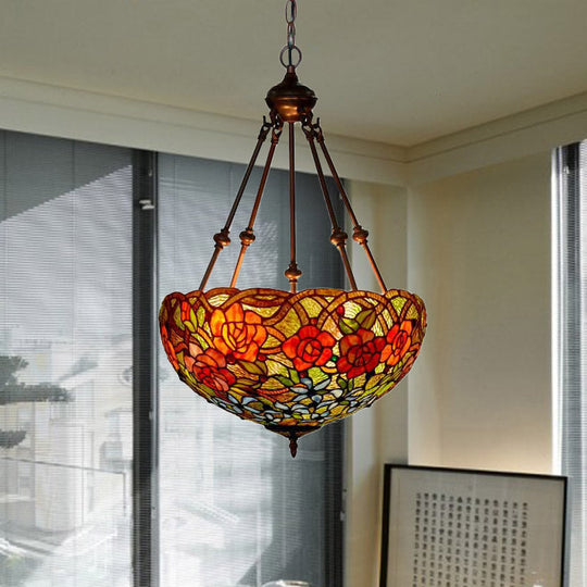 Mediterranean Floral Stained Art Glass Chandelier Pendant Light with 3 Hanging Lamps in Red/Orange/Green