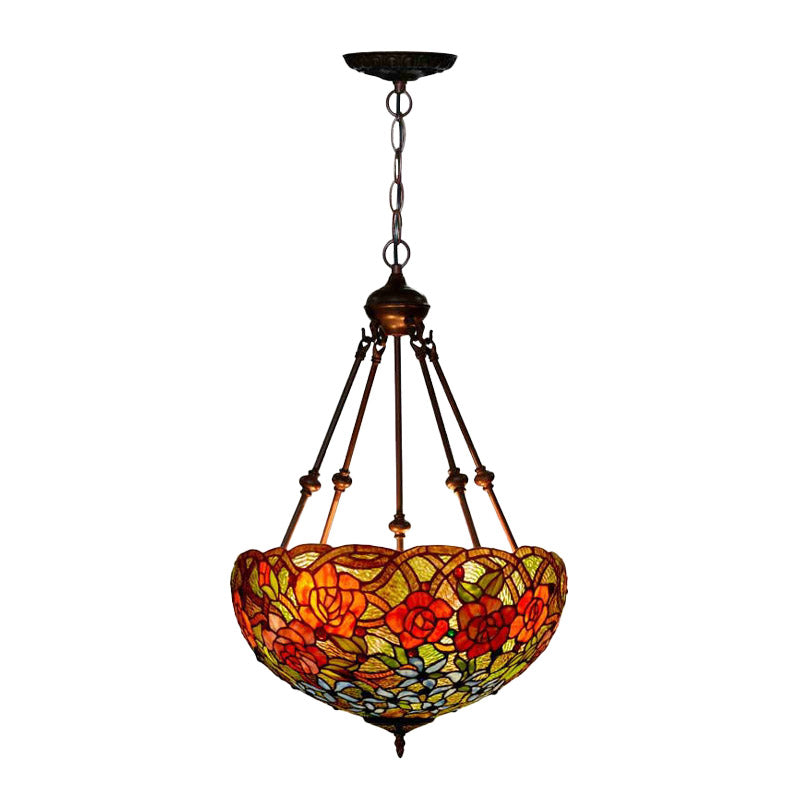 Mediterranean Floral Stained Art Glass Chandelier Pendant Light with 3 Hanging Lamps in Red/Orange/Green