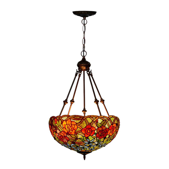 Mediterranean Floral Stained Art Glass Chandelier Pendant Light with 3 Hanging Lamps in Red/Orange/Green