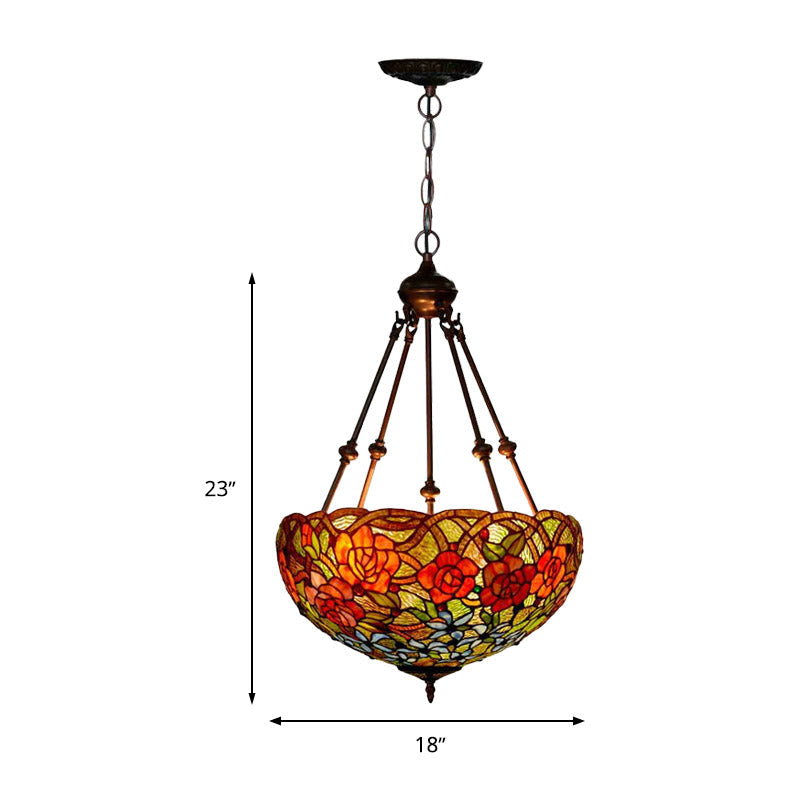 Mediterranean Floral Stained Art Glass Chandelier Pendant Light with 3 Hanging Lamps in Red/Orange/Green