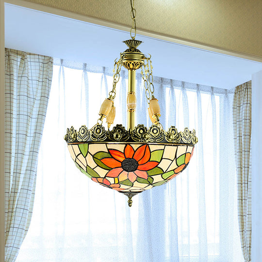 Sunflower/Rose Chandelier Pendant Light Kit - Stained Art Glass, 3/4 Lights, Red/Green - Bedroom Lighting