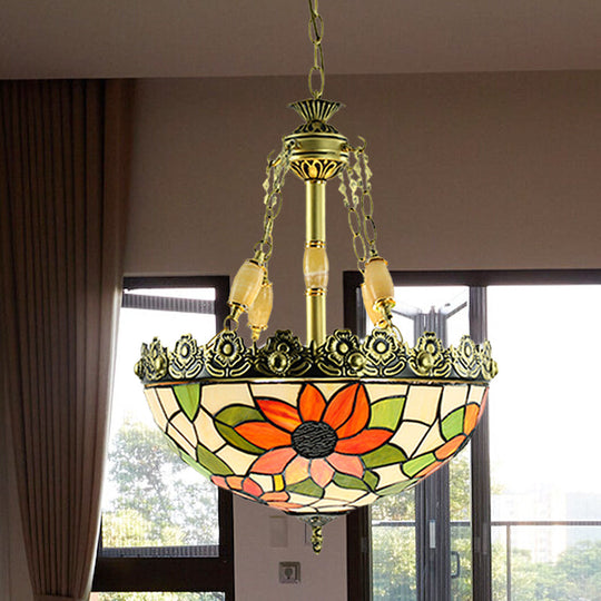 Tiffany Sunflower/Rose Chandelier 4 Light Stained Art Glass Pendant Kit - Red/Green For Bedroom