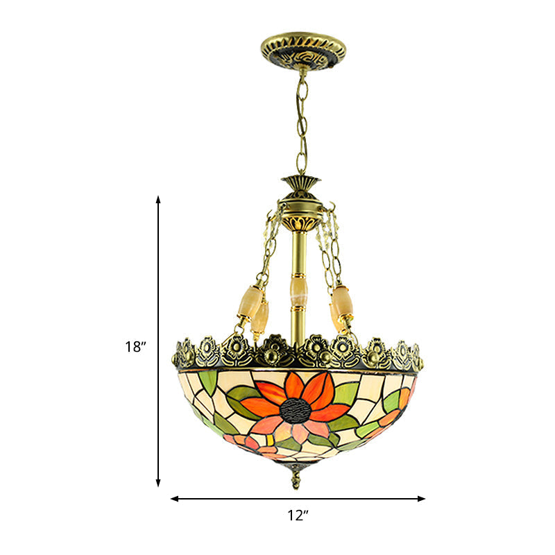 Tiffany Sunflower/Rose Chandelier 4 Light Stained Art Glass Pendant Kit - Red/Green For Bedroom