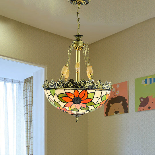 Tiffany Sunflower/Rose Chandelier 4 Light Stained Art Glass Pendant Kit - Red/Green For Bedroom